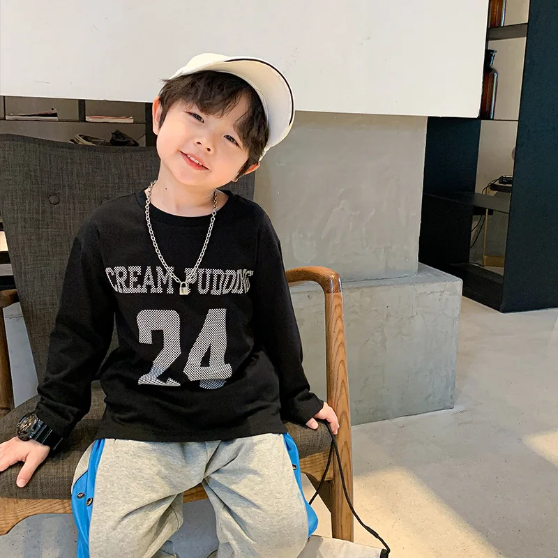 

2021 Boys Fall New T-shirt Children's Round Neck Printed Letter Long Sleeve Top Boys Clothes Boutique Kids Clothing