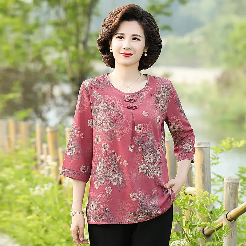 

Женская летняя новая мода 2021, свободные рубашки для женщин среднего возраста, женские блузки с принтом, женский тонкий пуловер, повседневны...