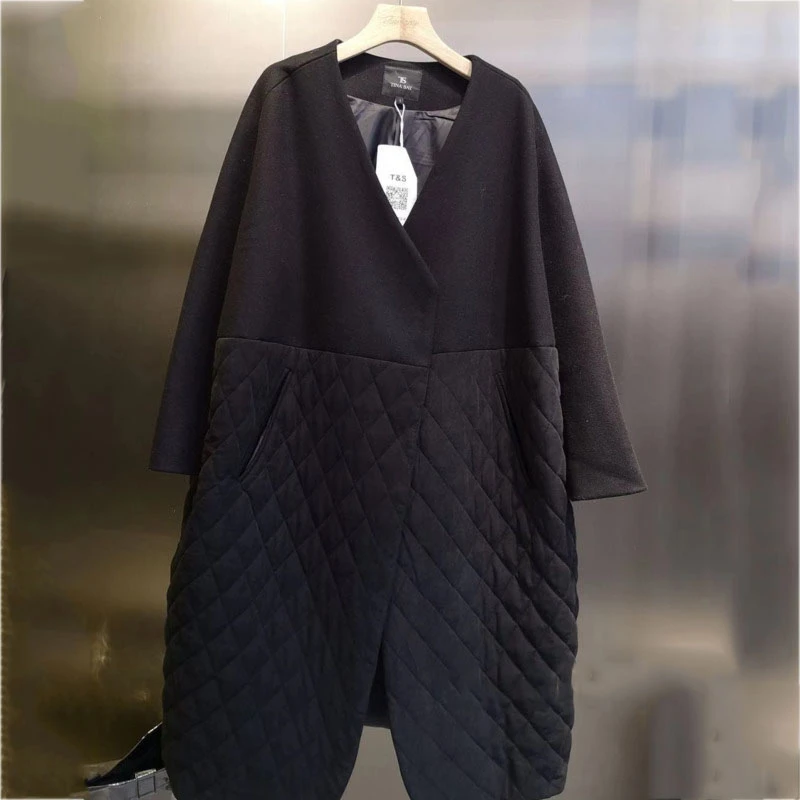 

2020 Winter Casual Over Knee Style V-neck Long-sleeved Patchwork Cotton Straight Minimalist Woolen Overcoat D177