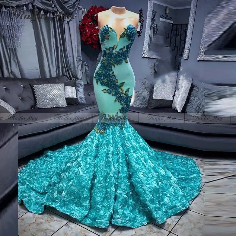 Бирюзово-синие африканские платья для выпускного вечера с объемными розами