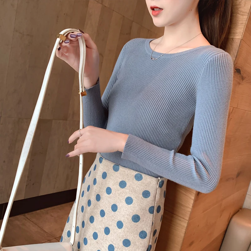 Популярный женский свитер 2019 осень круглый вырез эластичность плюс размер