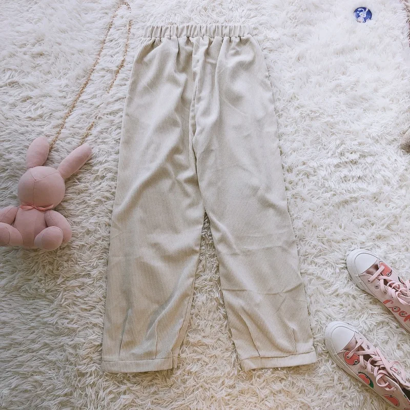 

HARAJPOO Women Pants 2021 New Spring Kawaii Japanese Soft Girl Cute Rabbit Bear Wide-leg Loose Corduroy Straight Trousers Tide