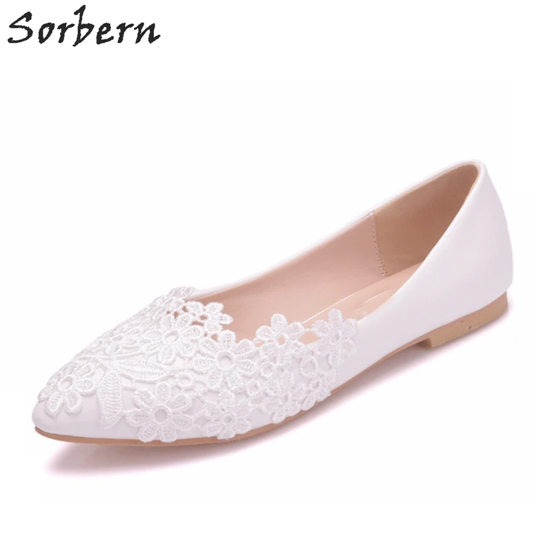 

Sorbern Comfortable Wedding Shoes Flat Heels Lace Toes Slip On Pointed Toe White Lace Appliques Bridal Shoes Women Heels