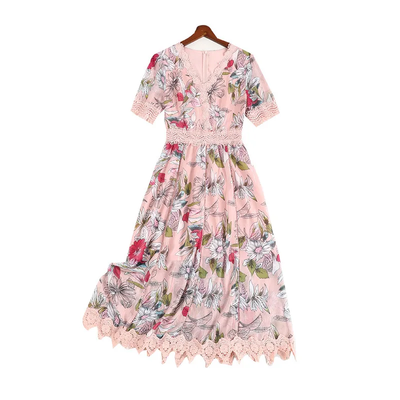 

2021 Summer Large Size 6l Long Women's Printed Fairy Lace Hollow Fat Belly-covering Slim Western-style Aging Women Dress Plus