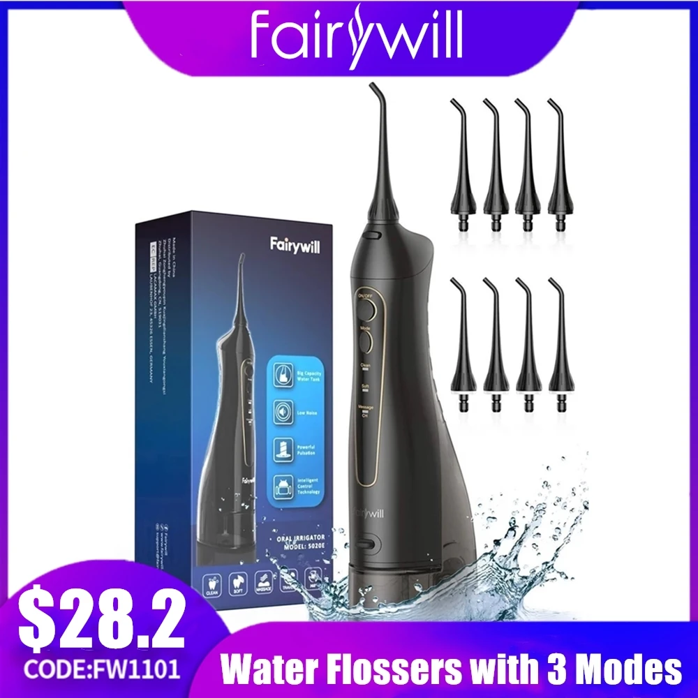 Flossers de Água para Dentes Água à Prova Fairywill Irrigador Oral Recarregável Portátil Dental 3 Modos Tanque Dwaterproof Água Dentes Mais Limpo 300ml