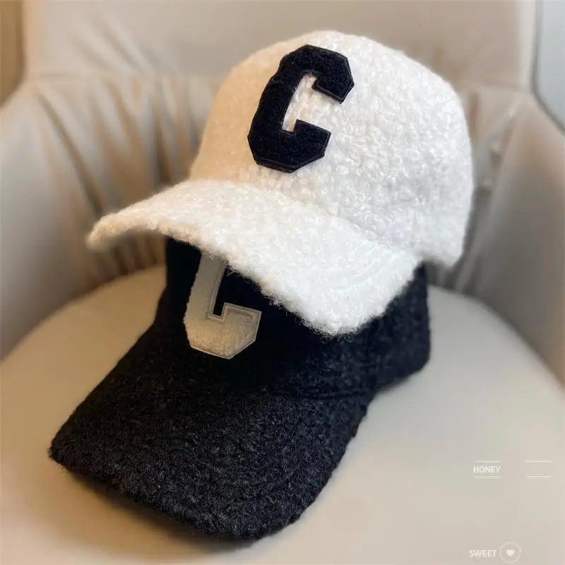 Hat Female Autumn and Winter C Letter Lamb Wool Warm Baseball Hat Korean Casual Duck Tongue Hat Female Outdoor Travel Y030