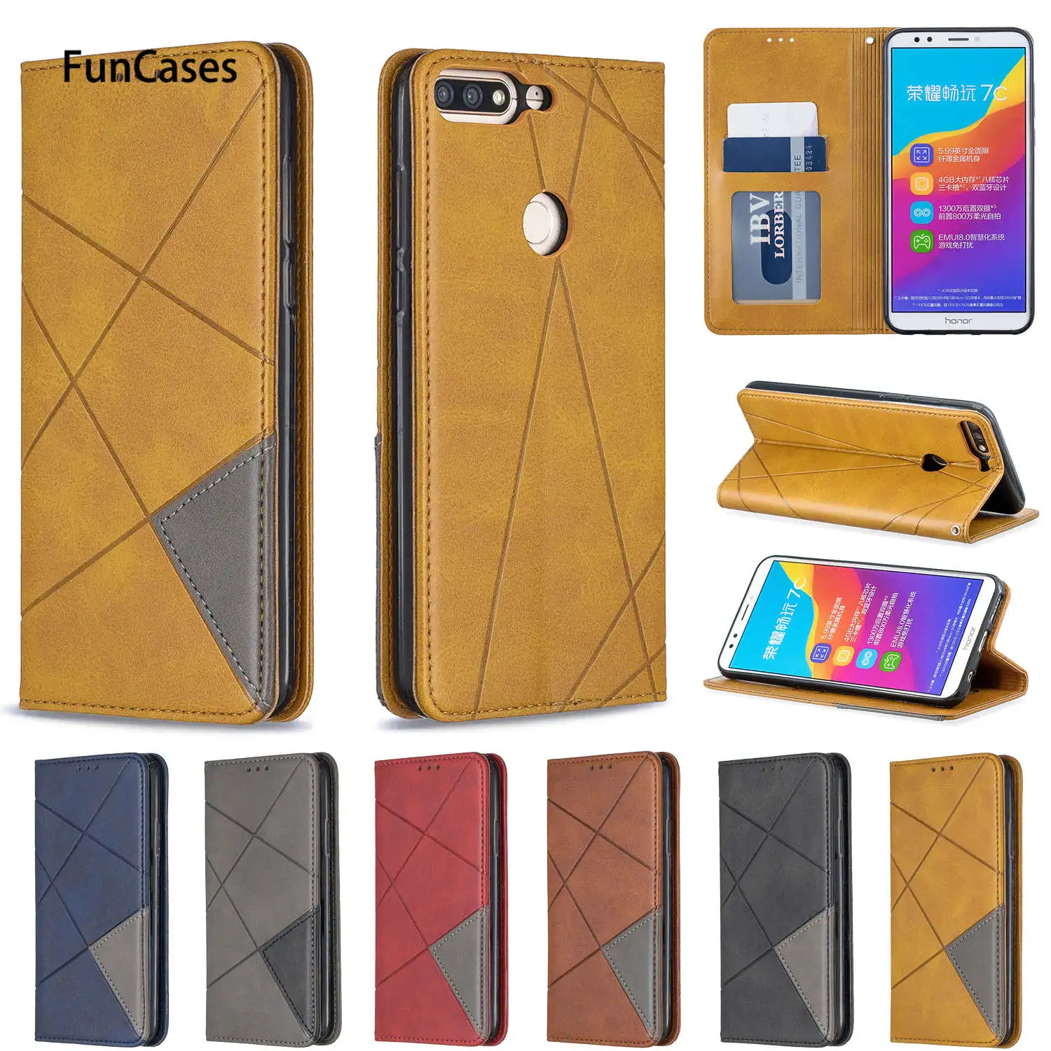 Phone Cases For cover Huawei Honor 7C Caso Geometry PU Leather Flip Wallet Case sFor Enjoy 8 Nova 2 Lite Y7 2018 Prime | Мобильные