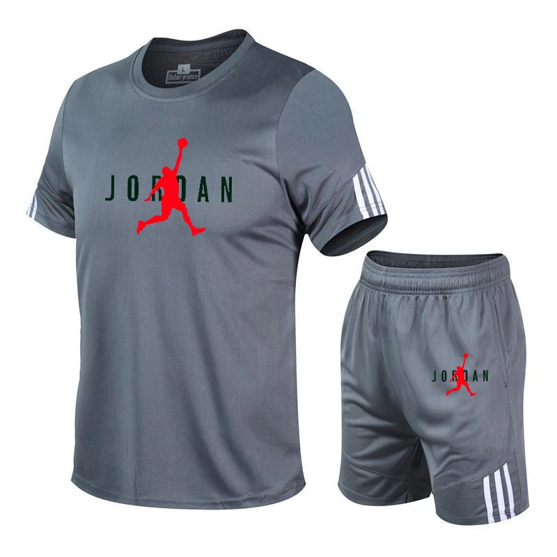 

2021Summer Men's T-shirt Set 2-piece Men's Sportswear Suit Basketball Sports Fitness Jordan-23 Printed Short Sleeve + Men's Suit