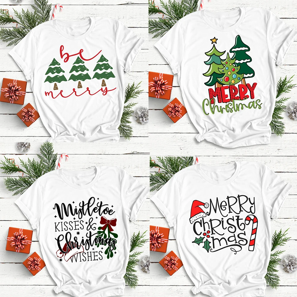 

Рождественская женская футболка с принтом рождественской елки, Женский Белый Топ большого размера, милая мультяшная женская футболка с кор...