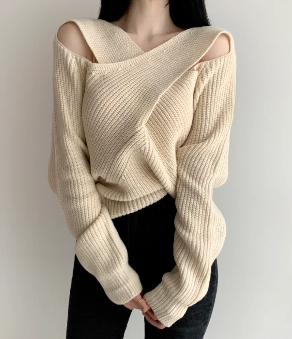 

VANOVICH2022 New Women's Pullover V-neck Casual All-match Cross Strapless Sweater Solid Korean Pullover Tops