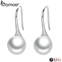 bamoer 925 sterling silver elegant round pure love pearl drop earrings for women jewelry brincos white black purple pink sce037
