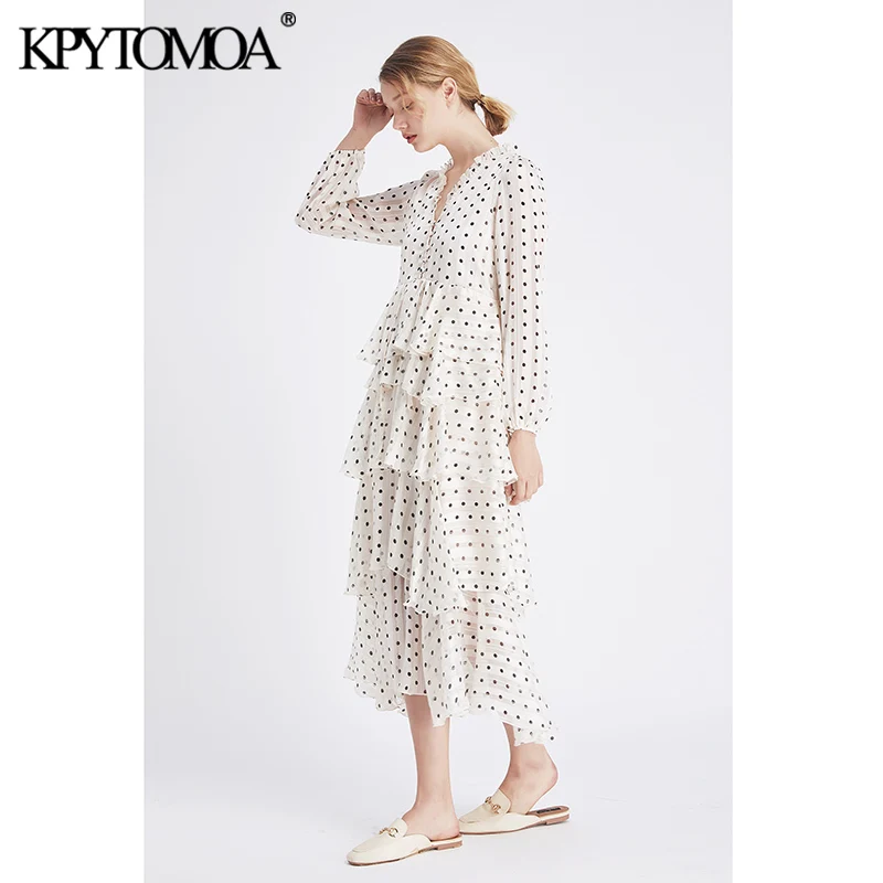 Женское винтажное платье макси с оборками в горошек v образным вырезом и длинным