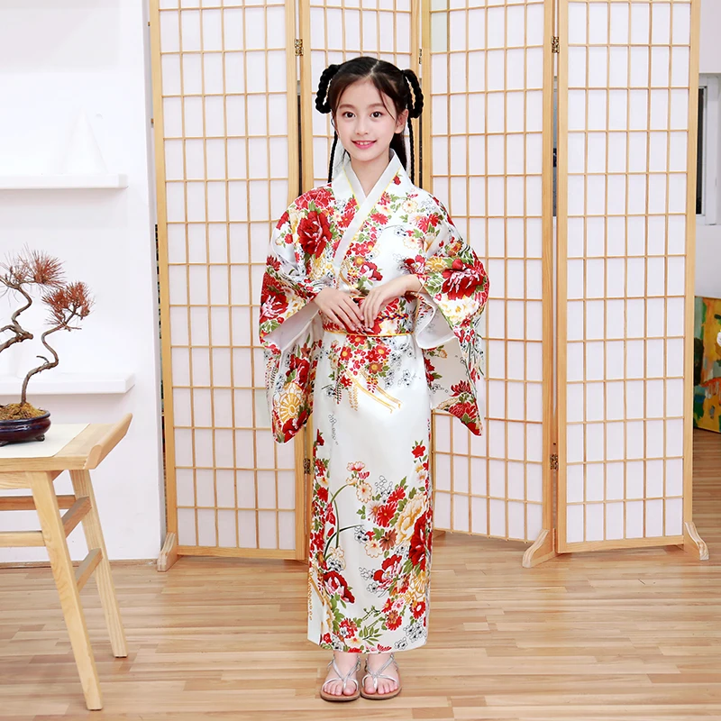 

Child Novelty Cosplay Floaral Dress Japanese Baby Girl Printing Kimono Dress Children Vintage Yukata Kid Girl Dance Costumes