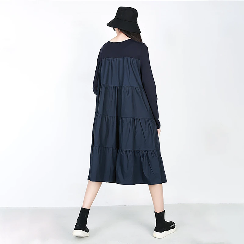 

CHICEVER Korean Patchwork Hit Color Dress Women O Neck Long Sleeve Oversize Loose Midi Irregular Dresses Female 2020 New Clothes