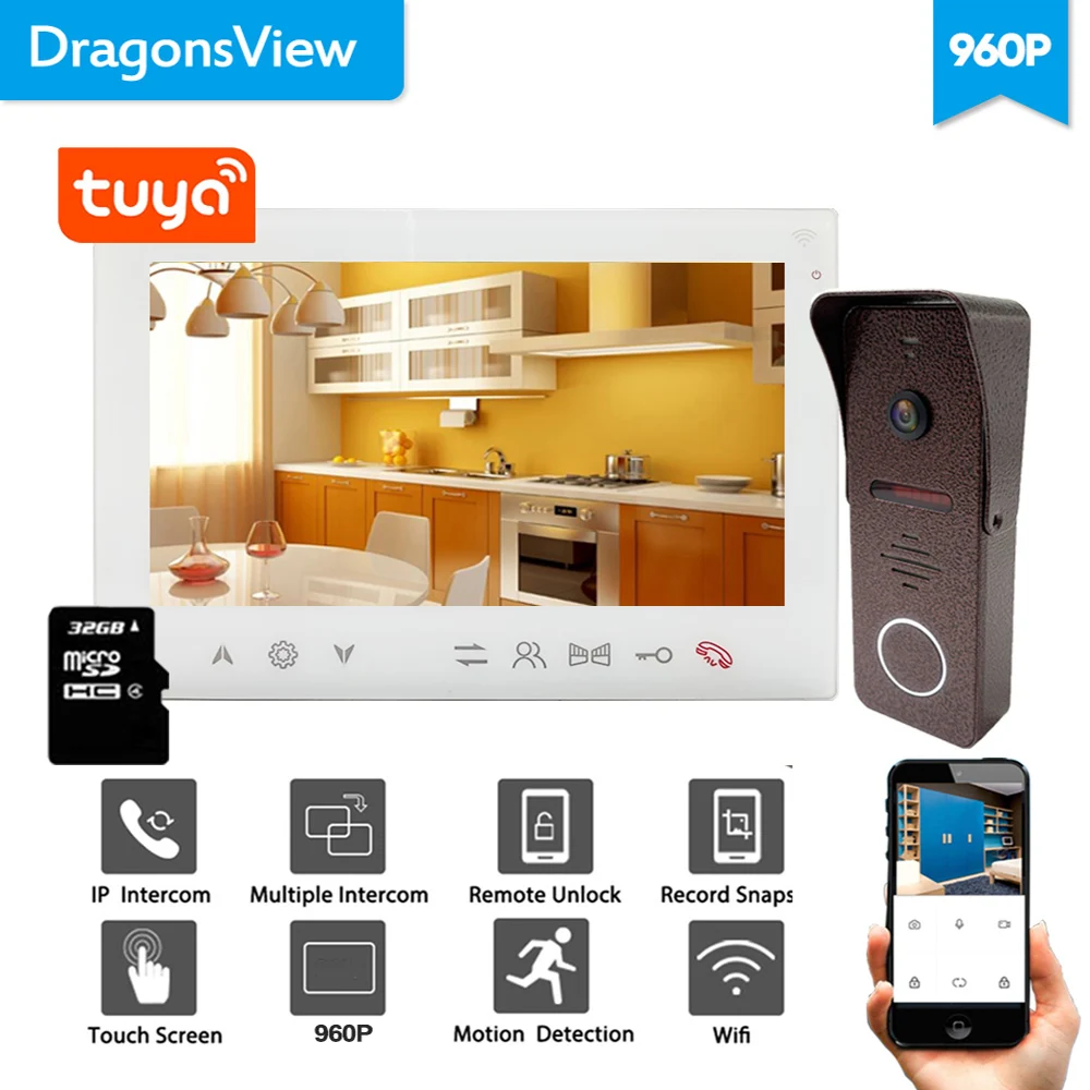 

Dragonsview Wireless Video Intercom Wifi Doorbell Camera Tuyasmart App 7 Inch Record 960P AHD Smart Home Security System