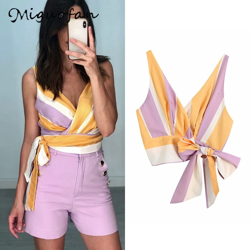 Женский топ в полоску с бантом без рукавов|Топы| |