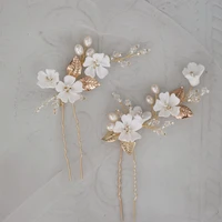 floralbride handmade ceram flower freshwater pearls bridal hair pin wedding hair sticker women jewelry hair accessories