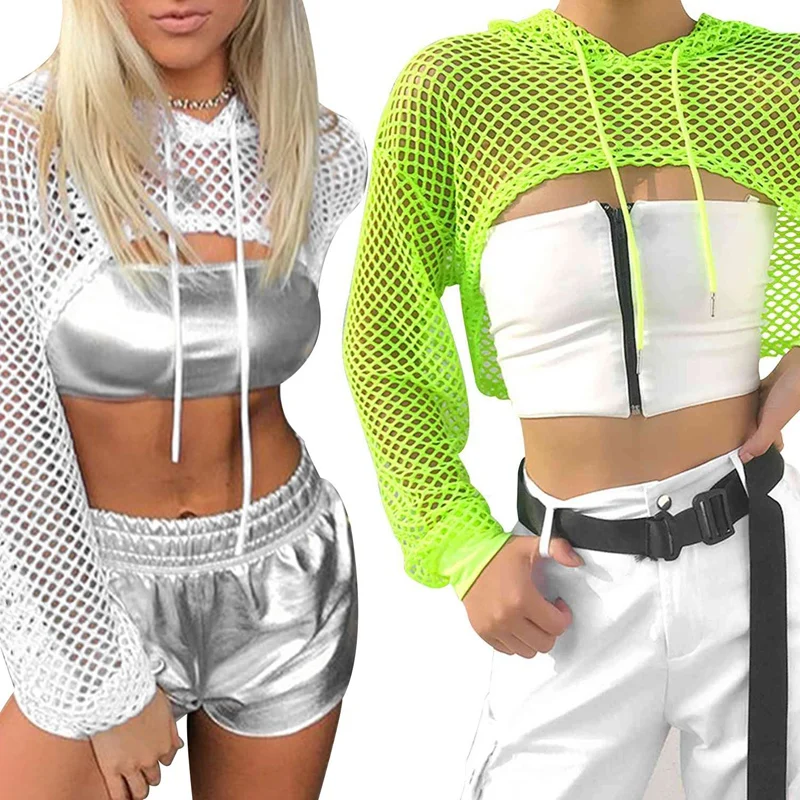 

2PCS Long Sleeve T Shirt Women Mesh Top Hooded Hollow Out Sexy Punk Rock Short Crop Top T-Shirt Fishnet, White & Green