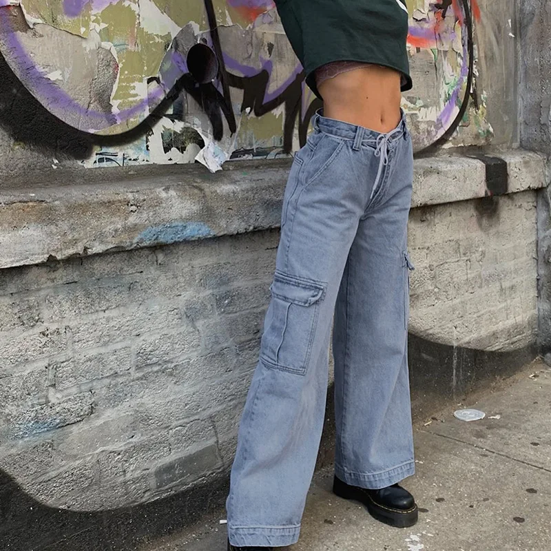 Pockets Patchwork High Waist Jeans Women Streetwear Straight Jean Femme Blue 100% Cotton Cargo Pants |