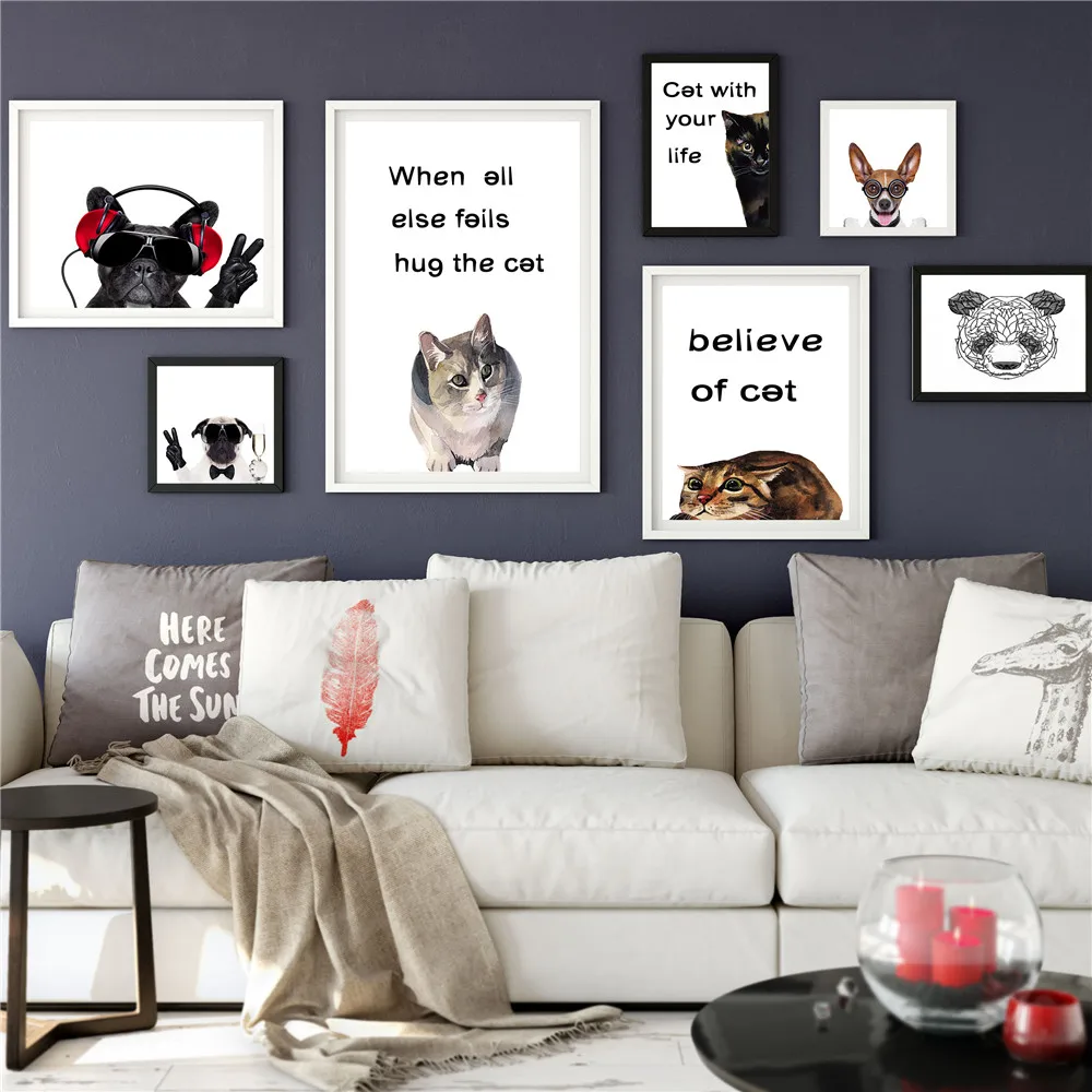 Тканевый постер на заказ с животными кошкой и собакой наушники шелковая ткань