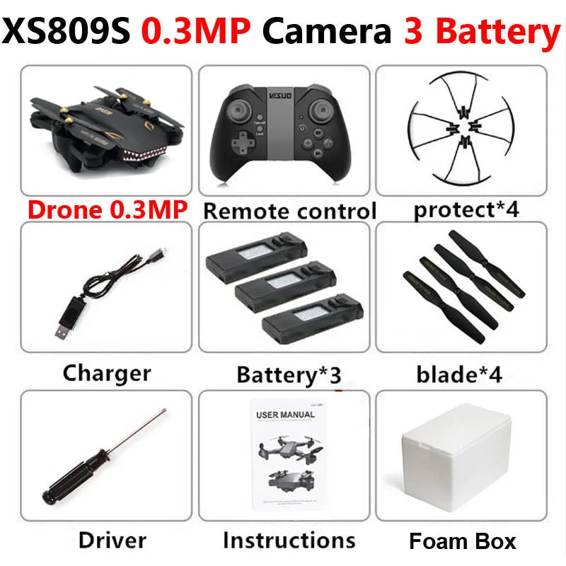 0.3MP 3 Battery Foam VISUO XS809S Профессиональный складной селфи мини-Дрон с камерой 2MP HD WiFi FPV широкоугольный XS809HW RC Квадрокоптер Вертолет игрушка - Цвет: 0.3MP 3 Battery Foam
