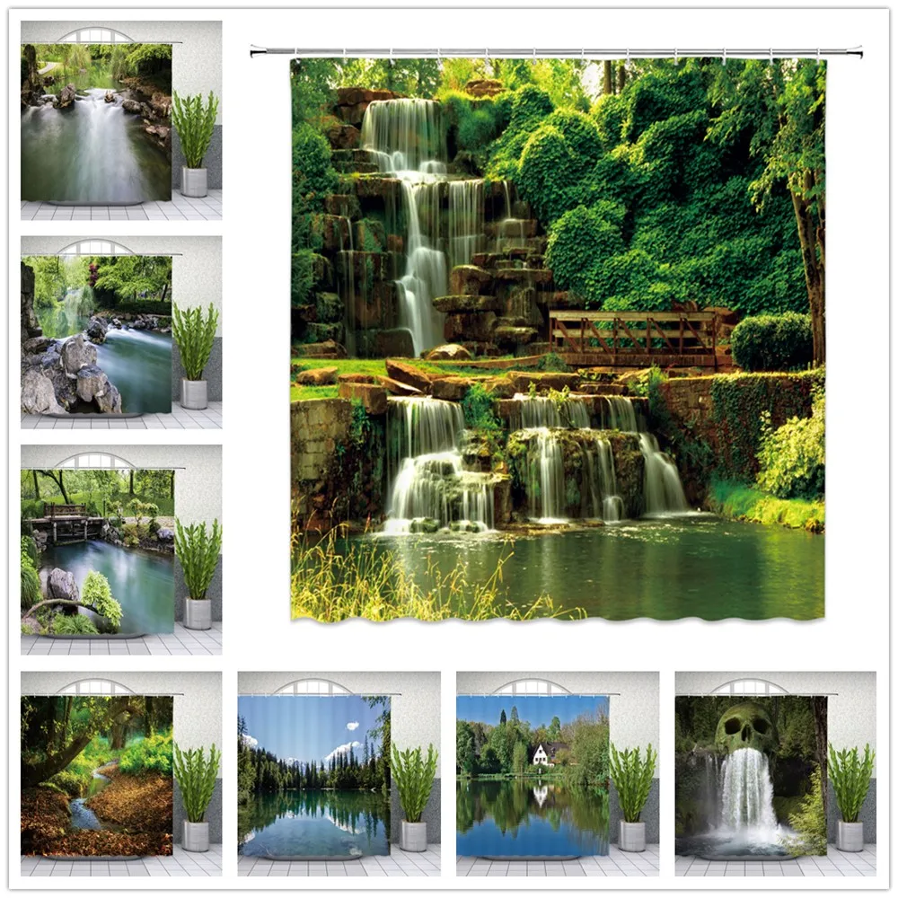 

Waterfall Shower Curtains Natural Scenery Green Plant Leaves Lake River Outdoor Landscape Bath Decor Polyester Cloth Curtain Set