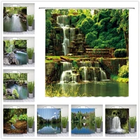 natural scenery waterfall shower curtains spring green tree plant lake river landscape bath decor polyester cloth curtain set