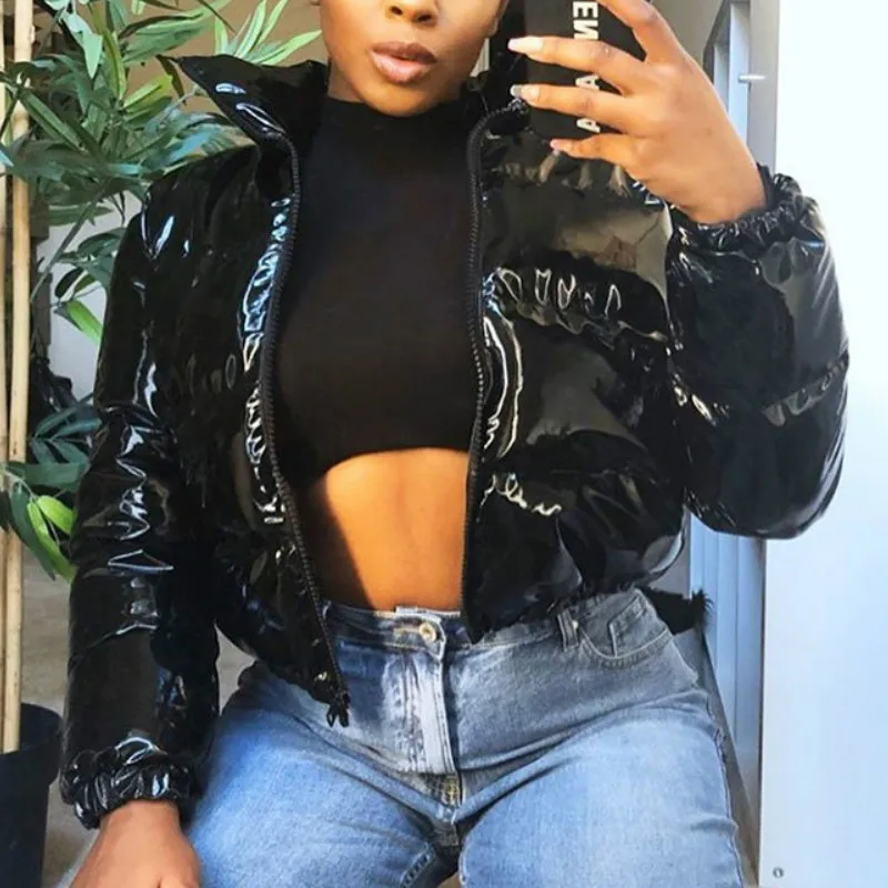 Bubble Coat Puffer Jacket PU Warm Parka Coat Women Casual Fashion Long Sleeve Winter Cropped Bright Shiny Silver cotton Outwears