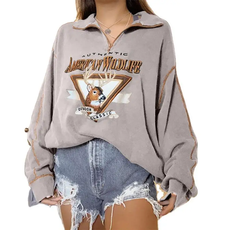 

Casual Women Sweatshirt Vintage Animal Forest Deer Letter Print Zip Polo Collar Oversized Warm Fleece Autumn Pullover Tops Hoody