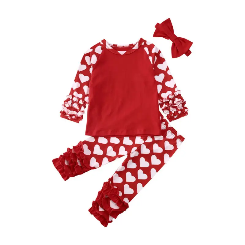 0-24M Valentine's Day Baby Girl Outfits Newborn Infant Red Heart Long Sleeve T shirt Ruffle Pants Costumes | Мать и ребенок