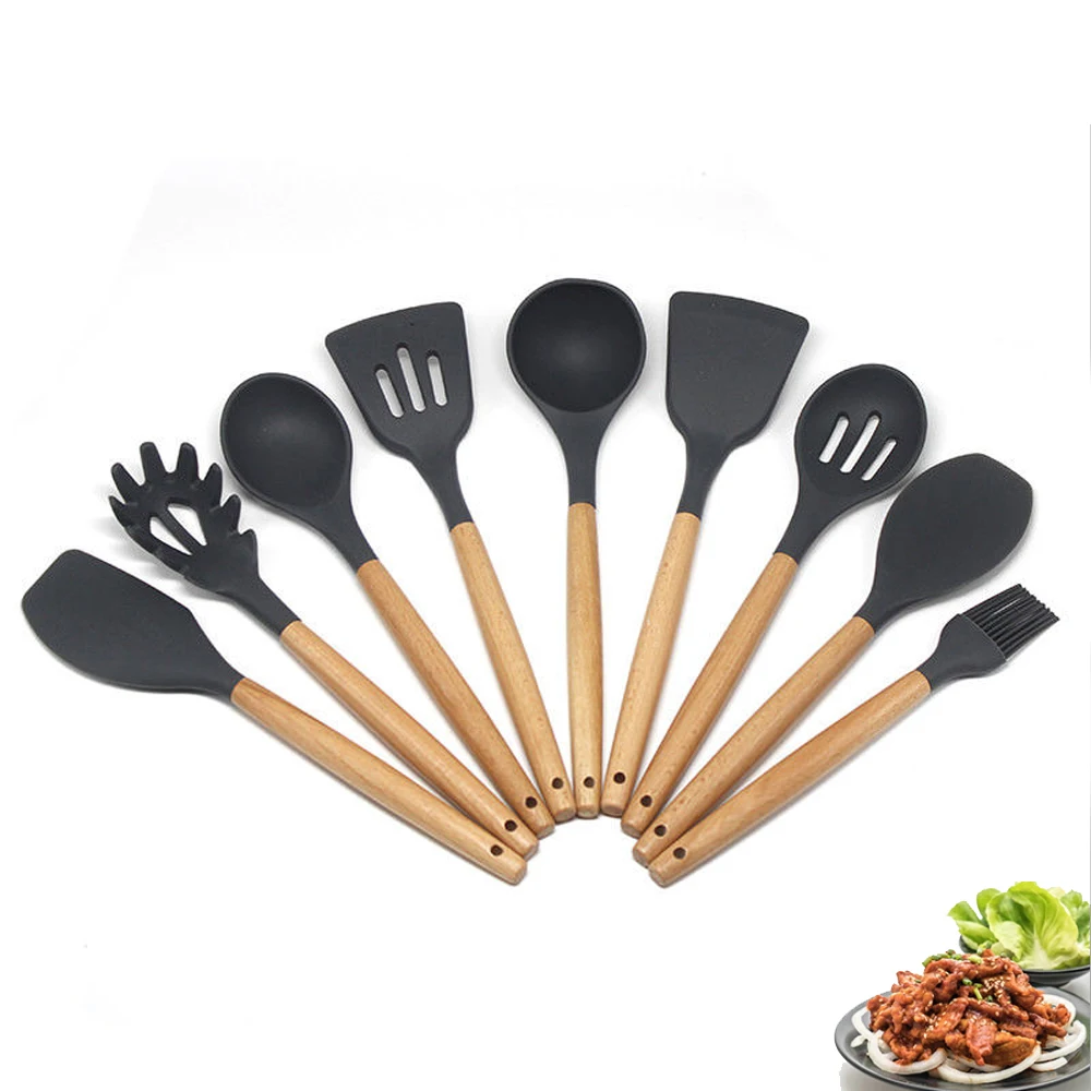 Multiple Style Wooden Handle Silicone Spatula Soup Spoon Fork Colander Shovel Cooking Utensils Kitchen Tool Suit Exquisite | Дом и сад