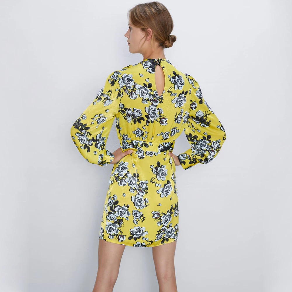 Женский костюм с юбкой ZA шерстяное двубортное пальто принтом и бантом желтый