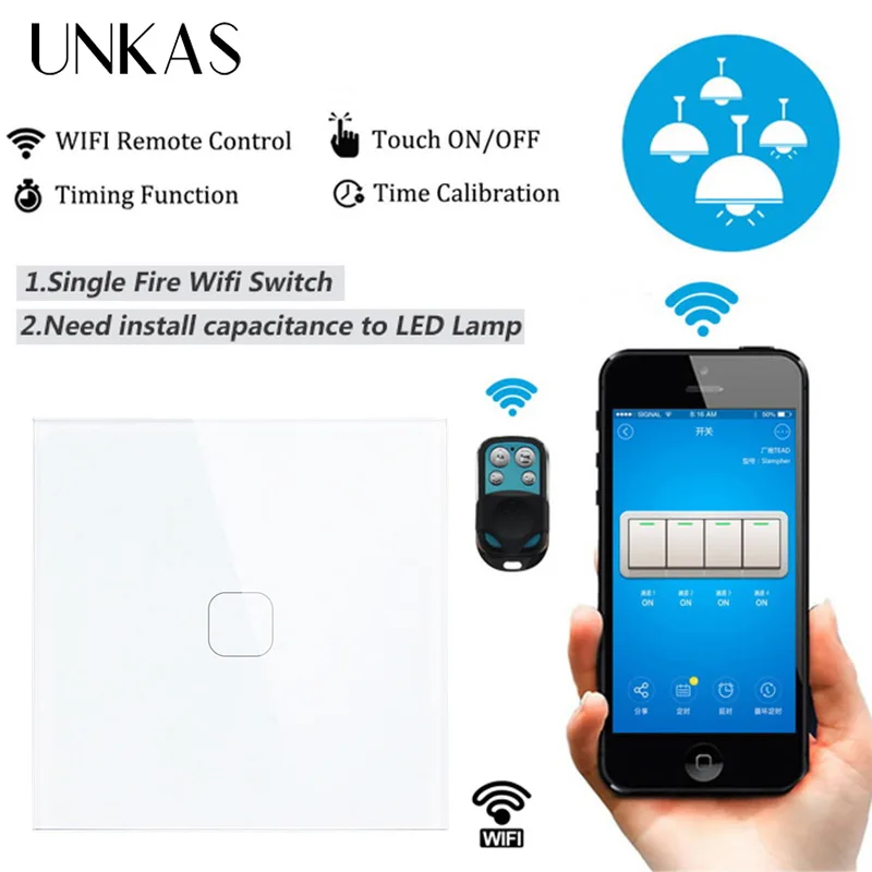 UNKAS EU/UK WIFI Smart Touch Switch APP Wireless Remote Light Wall Crystal Glass Panel Works With Alexa / Google Home | Обустройство
