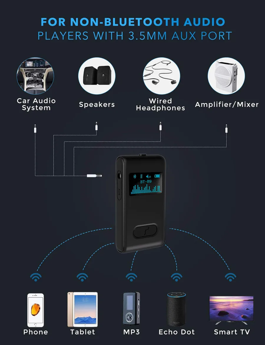 Bluetooth 5 0 приемник ЖК-дисплей экран 3 мм AUX RCA разъем беспроводной адаптер Auido с