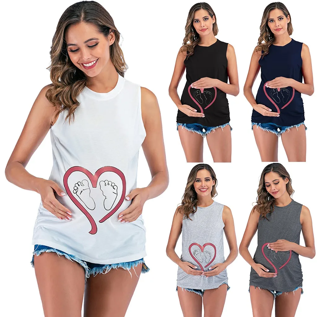 

SAGACE Maternity Clothes Women Cute Foot Print Vest Tank Tops T-shirt Pregnancy Plus Size Sleeveless Blouse Top Clothing