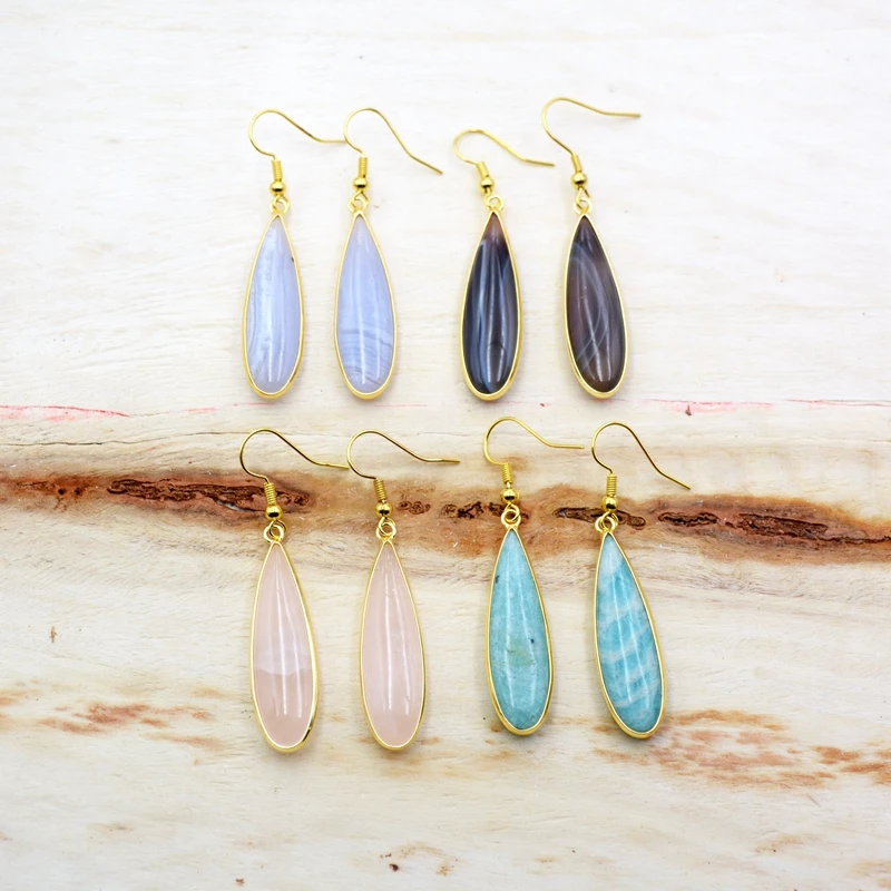 Висячие серьги с натуральными драгоценными камнями позолоченные длинные