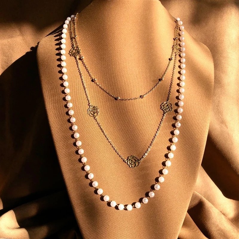 

Classic Three Layers Simulated Pearl Jewelry Rose Flower Sweater Chain Long Necklace for Women Beads Chain Necklaces & Pendants