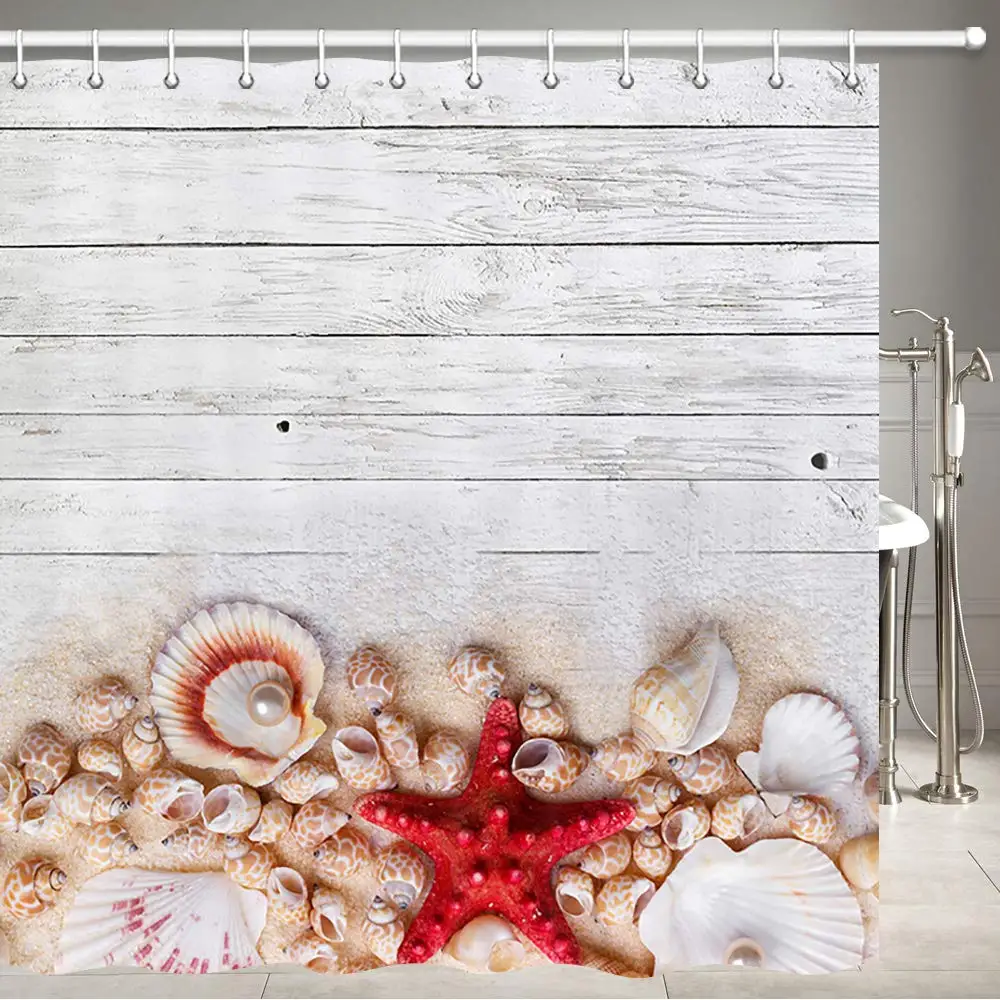 

Beach Seashells Theme Shower Curtain for Bathroom Starfish Sand on Rustic Vintage Ocean Beach Theme Bath Curtain