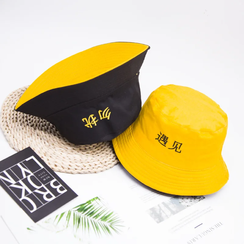 Double-sided Fisherman Hat Men and Women Spring Summer Korean Harajuku Chinese Embroidery Tide Sun Visor Basin | Аксессуары для