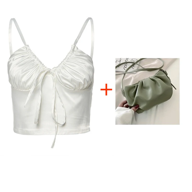 

T shirt Elegant White Black Lace Up Chiffon Crop Tops Women Summer Fashion Camisole Beach Top Tees shirt clothes with Bags