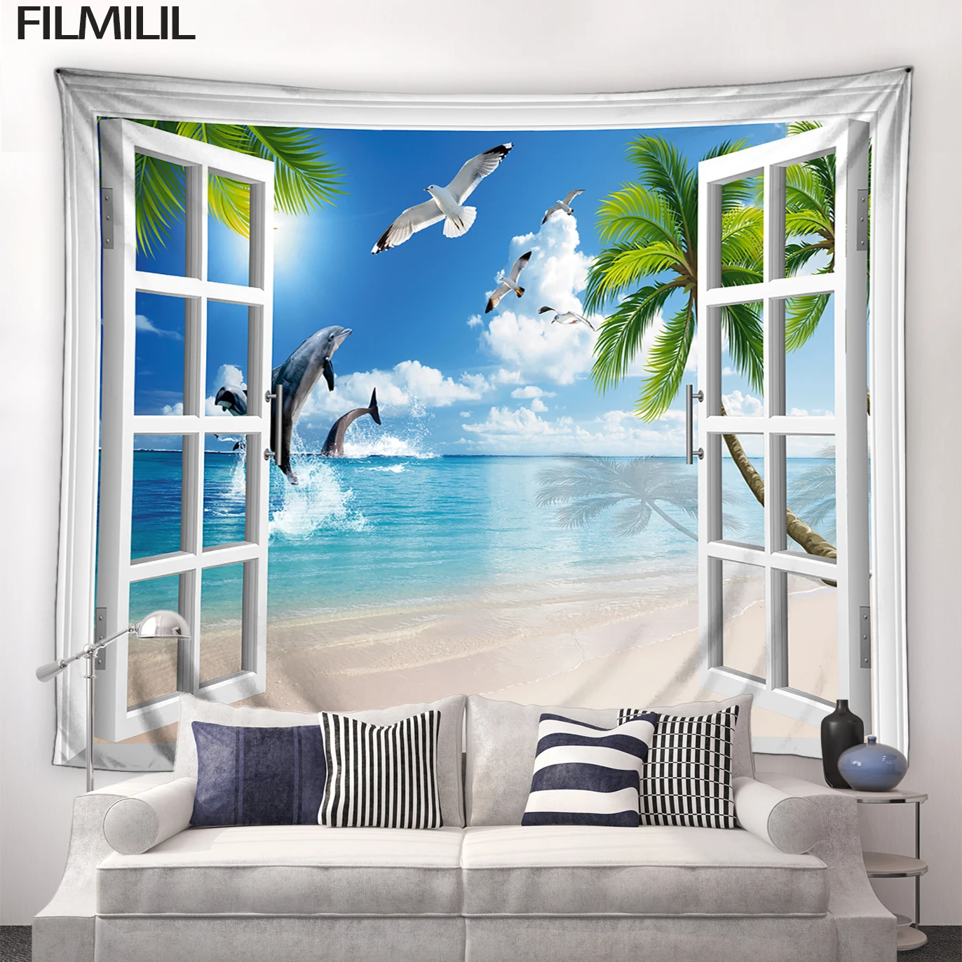 

Outside Window Ocean Landscape Tapestry Tropical Green Palm Tree Dolphin Bird Natural Scenery Tapestries Home Decor Wall Hanging