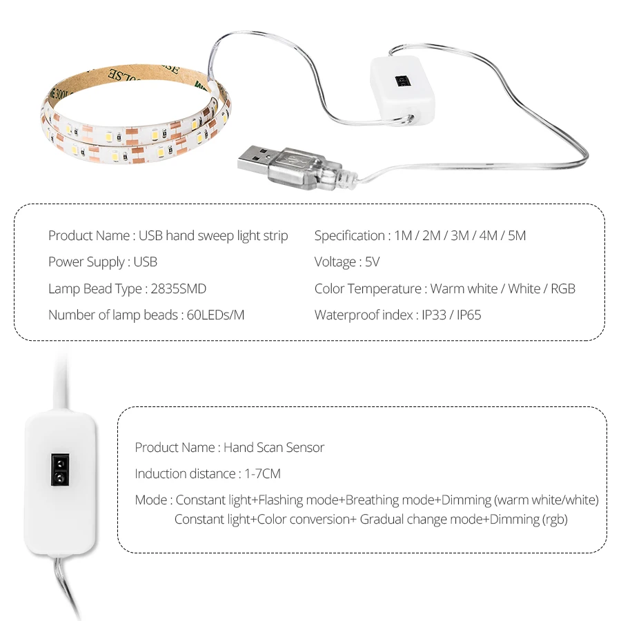 Светодиодный ленточный светильник с датчиком подметания гибкий USB 5 В Диодная