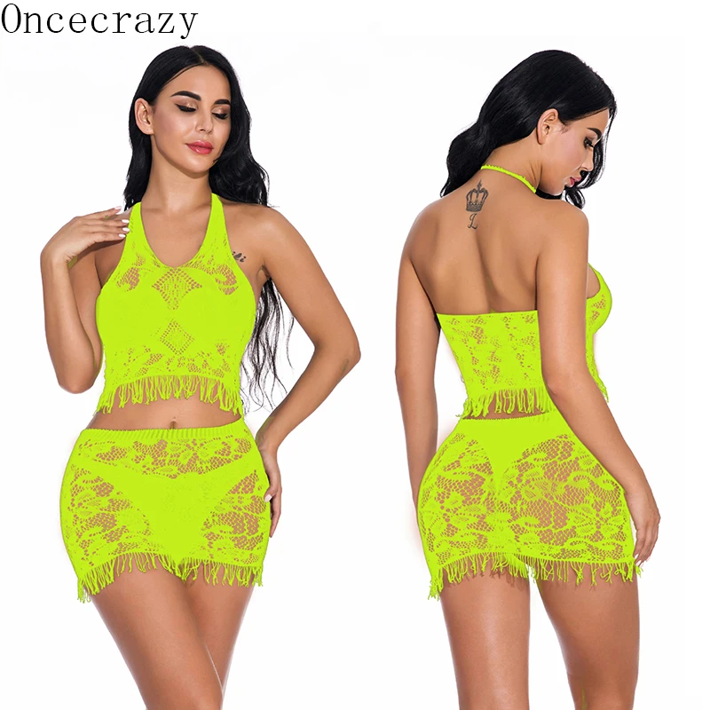 

Oncecrazy Sexy lingerie sexy tassel bag hip skirt hanging neck sexy pajamas women's two-piece body encaje mujer Hollow fishnet