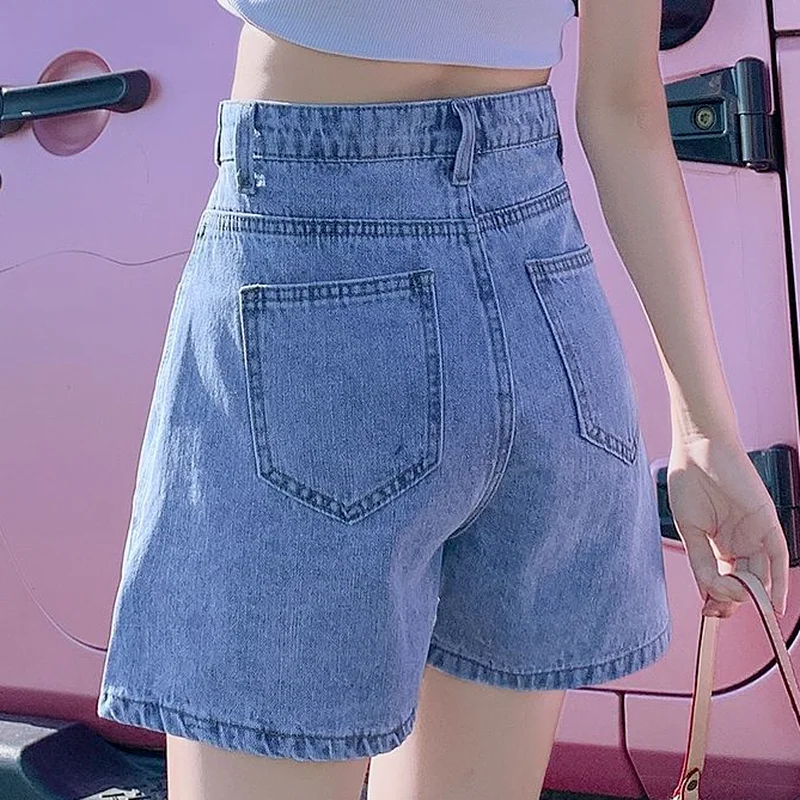 Шорты женские однотонные из денима с завышенной талией универсальные