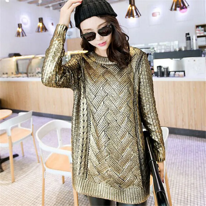 Shinny Bronzing Glitter Knitwear Ladies Gold Silver Round Neck Sweaters Casual Women Pullovers | Женская одежда