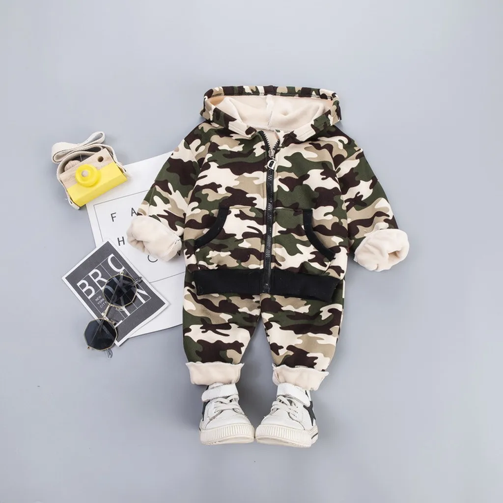 Теплые плотные камуфляжные Топы с капюшоном и штаны для маленьких мальчиков