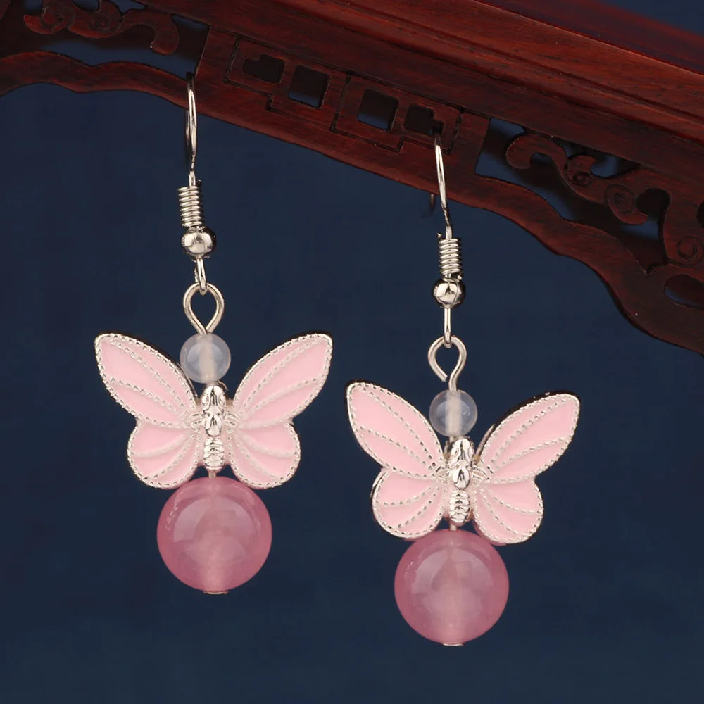 Новые этнические серьги с розовой бабочкой Винтажные капли эмалью для женщин и