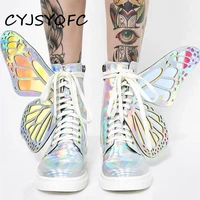 cyjsyqfc women butterfly wings flat sneakers shine silver leather ankle boots lace up platform shoes lovely street leisure shoes