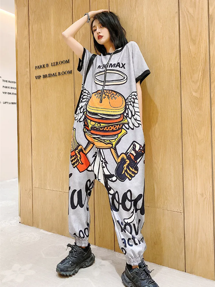 Tide brand summer large size personality cartoon printed rhinestone jumpsuit loose was thin short sleeve jumpsuit Harlan pants