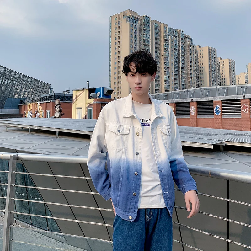 

New Arrive Man Causal Denim Jacket White Printed Graduated Color Couple Clothing High Quality Fashion Leisure Coat Cool Style